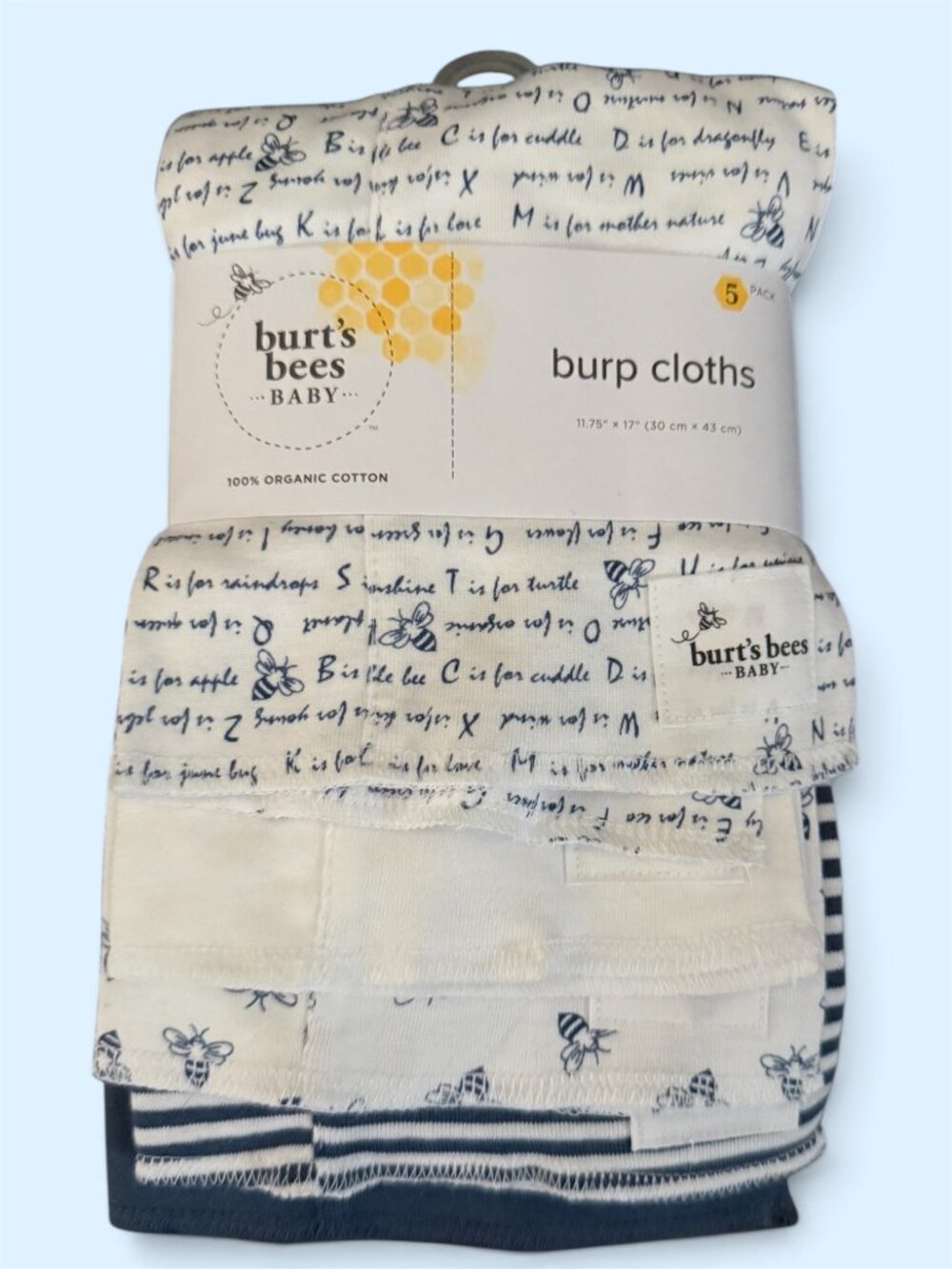 Burt's Bees Baby Organic Cotton Burp Cloths 5-Pack Navy White 17" x 12" NWT